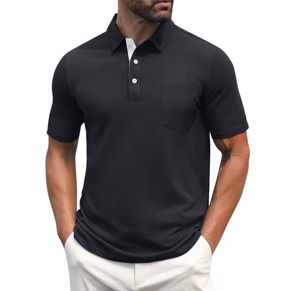 Polo Shirts for Men Cotton Pique Short Sleeve Golf Shirts with Pocket Classic Casual Moisture Wicking Polos Black L