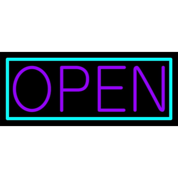 Purple Open With Aqua Border LED Neon Sign 13 x 32 - inches, Clear Edge Cut Acrylic Backing, with Dimmer - Bright and Premium built indoor LED Neon Sign for storefront.