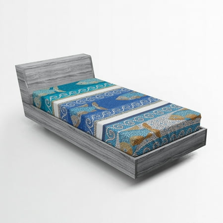 Mosaic Fitted Sheet Style Byzantine Ceramics Inspired Maritime Fractal Fish Pattern Artwork, Soft Decorative Fabric Bedding, Slate Blue, by Ambesonne