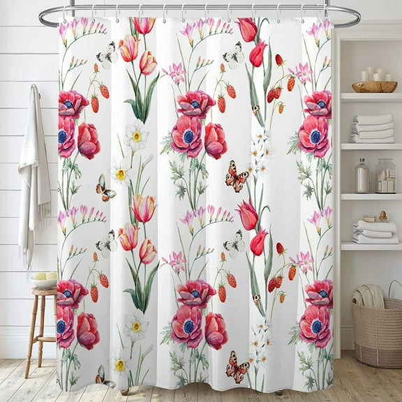 Spring Wildflower Shower Curtain,Red and White Floral Bathroom Shower Curtains,Morden Simple Nature Fabric Bath Curtain Country Plant Cloth Bathroom Decor with 12hooks 72x72