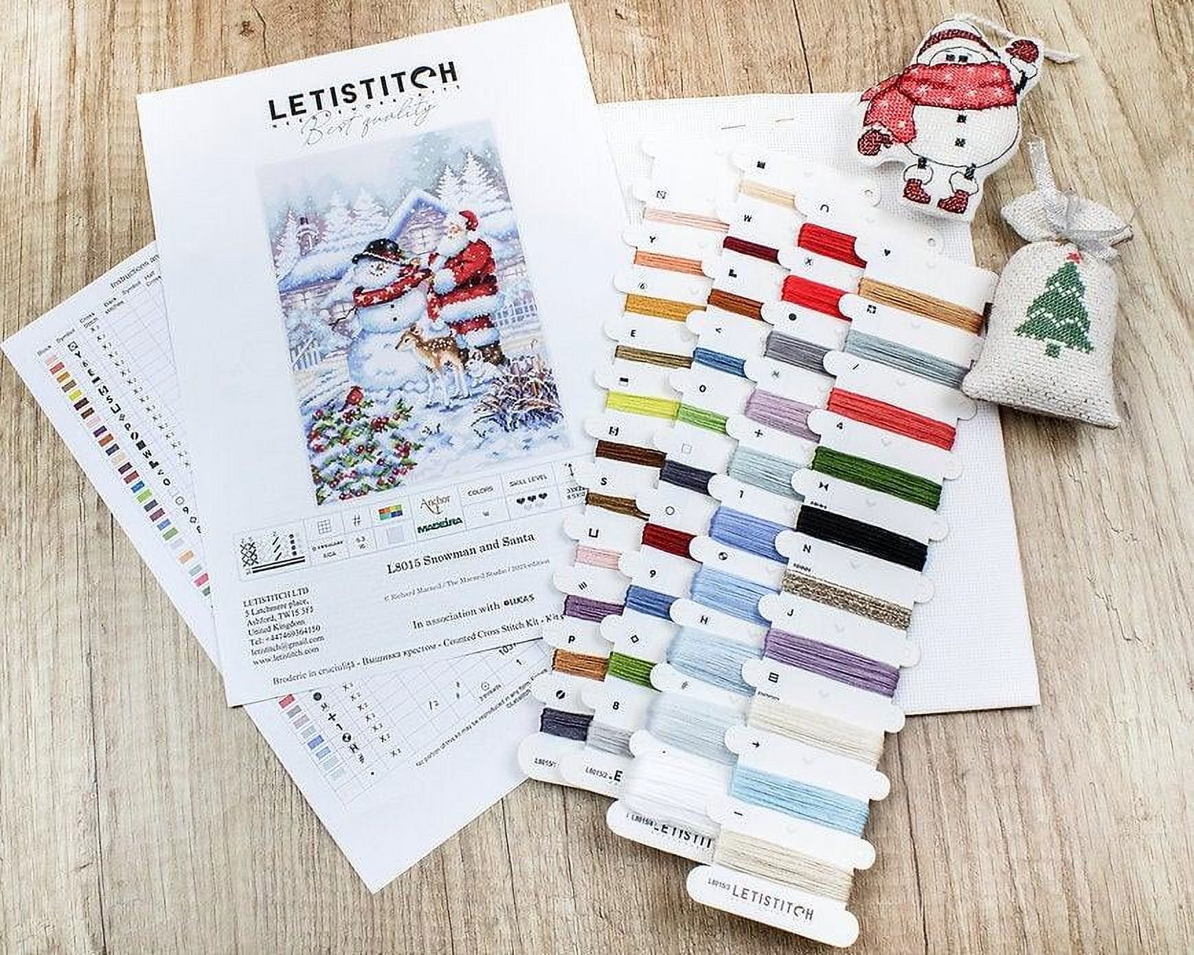 Counted Cross Stitch Kit Snowman and Santa L8015 Needlework Easy Small Red White By LetiStitch Canvas Cotton