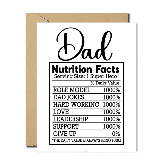 Dad Nutrition Facts Greeting Card – Humorous Superhero Design – Perfect for Father’s Day, Birthdays, or Just Because – Blank Inside, Envelope Included