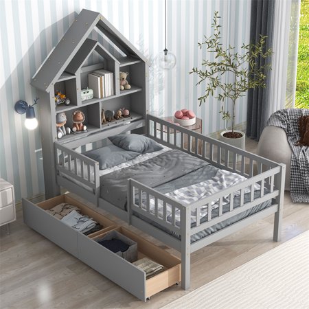 Twin Size House-Shaped Platform Bed with Fence Guardrails and Drawers  Solid Wood Bed Frame with Bookcase and Headboard  Platform Bed Full Size for Children  Bed Weight Capacity 200 Pounds  Gray