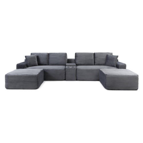 150" Oversized L-Shape Sectional Sofa with Deep Seat, Cup Holders & USB Ports, Corduroy Cloud Couch with Hidden Storage, Grey
