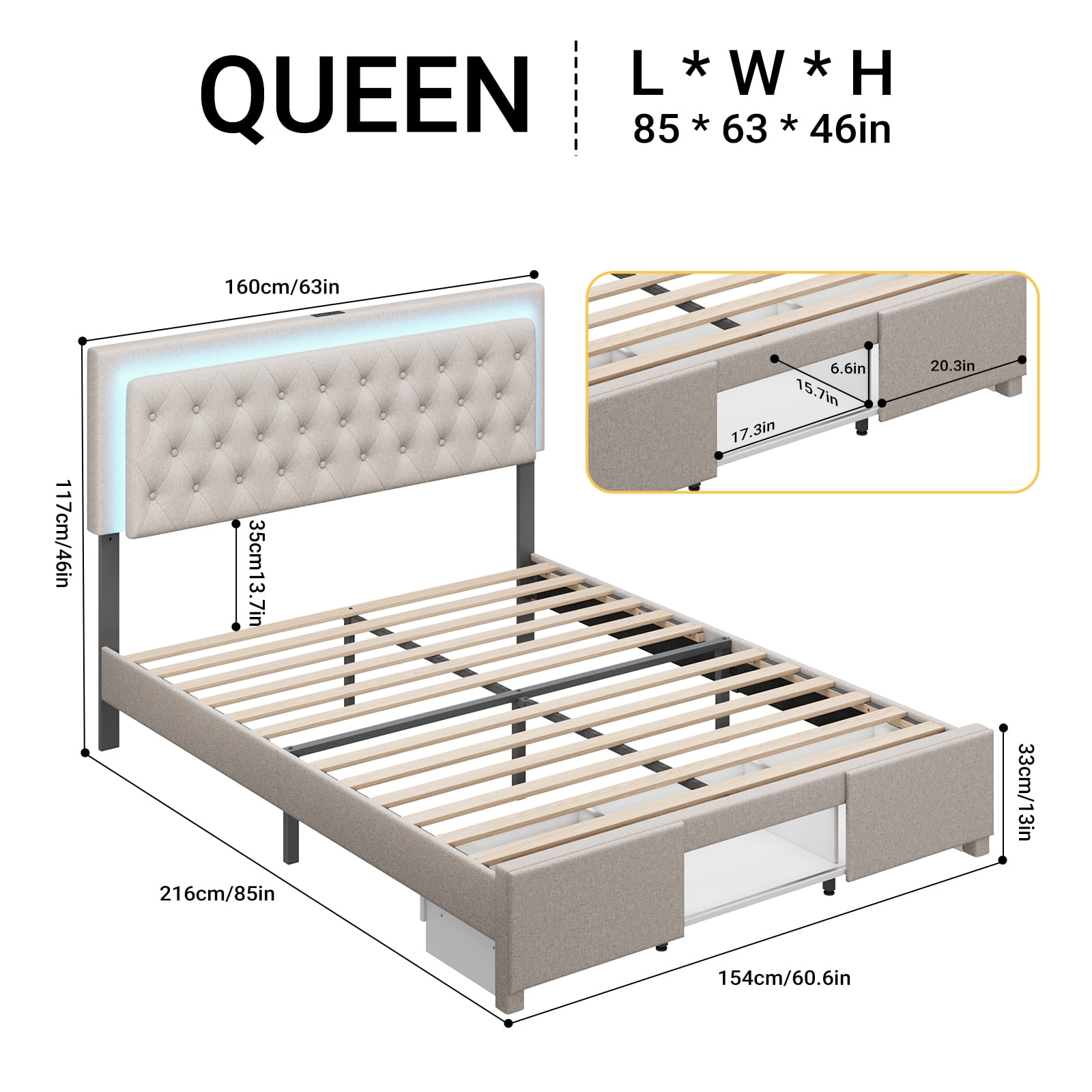 Bed Frame Queen Size with Sliding Barn Door Storage Cabinets,Headboard and LED Light,Solid Wood Slats Support,Noiseless,(Off-white)