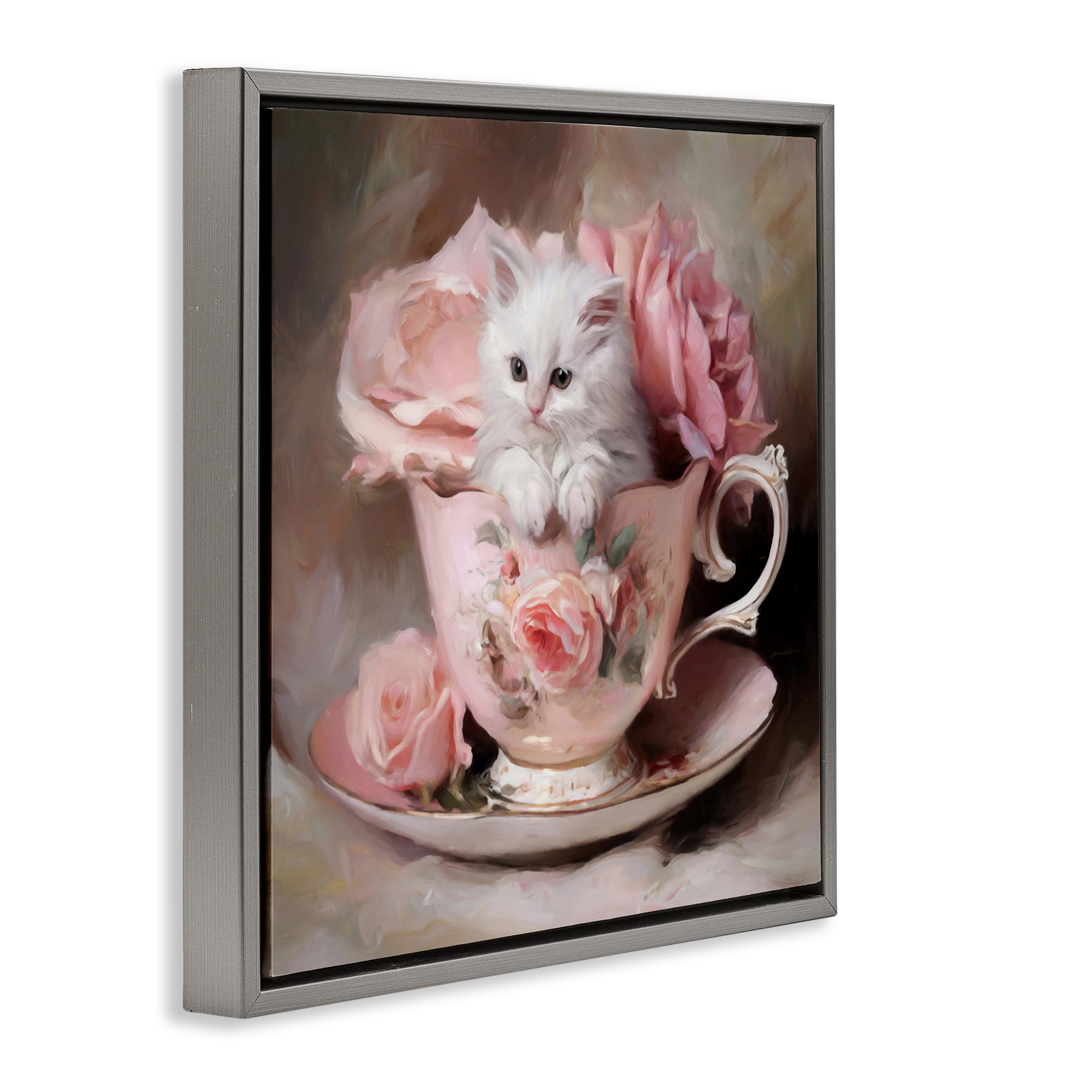 Stupell Industries Little Teacup Kitten Gray Framed Floater Canvas Wall Art, design by Tina LeCour