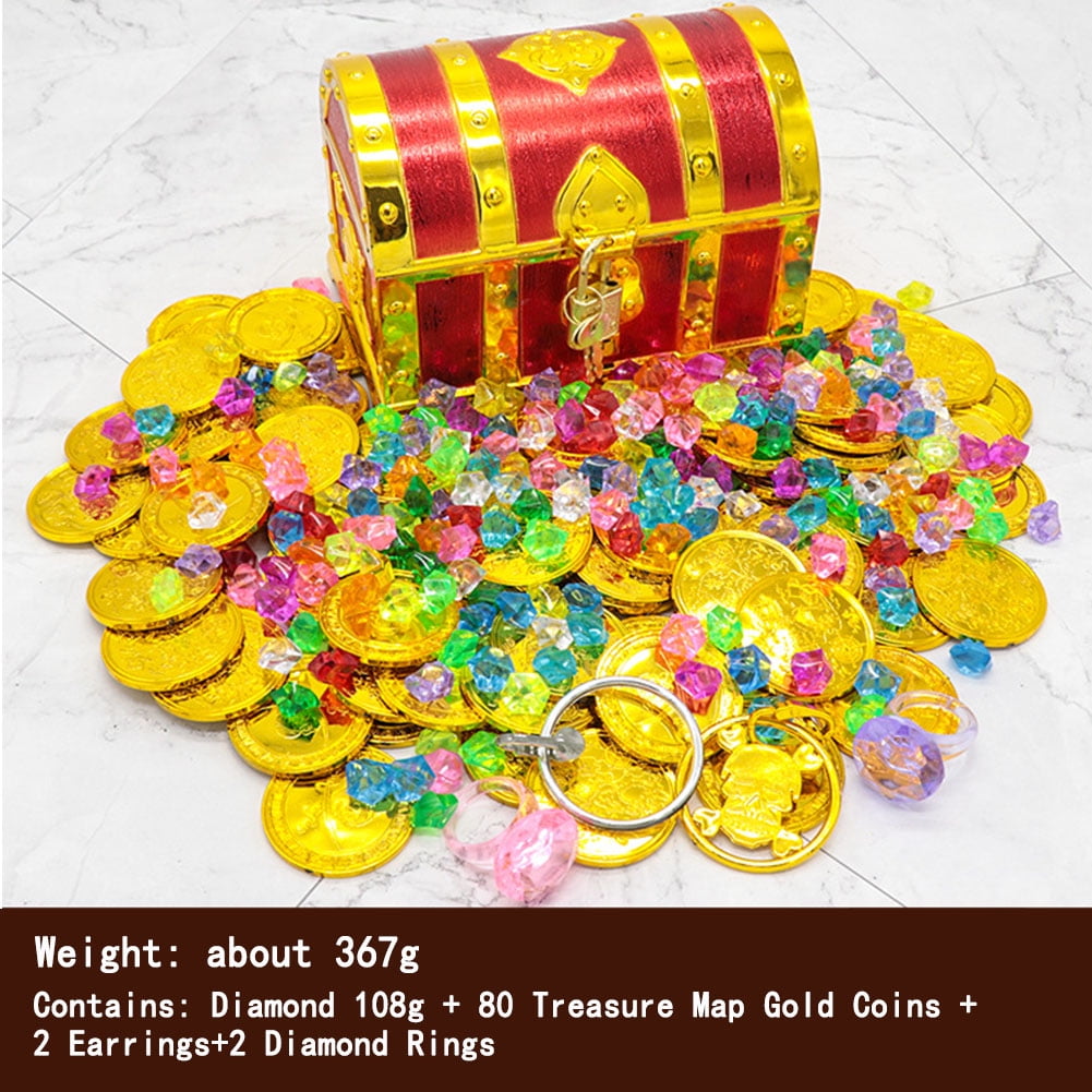 Kids Pirate Treasure Chest Toy Box Gold Color with Lock for Party