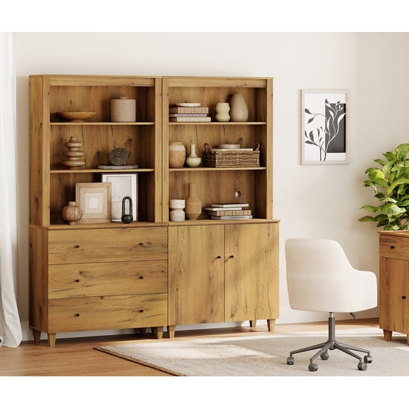 WAMPAT 71" Tall Bookshelf Set of 2, Modern Storage Bookcases with 1 Cabinet and 3 Drawers, Large Wooden Bookcases with Open Display Shelves and Doors for Living Room, Dark Brown Wood