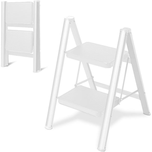 Step Ladder 2 Step Folding, Sturdy 330 Lbs Load Step Stool for Adults, Safer Full Steel Kitchen Closet Ladder for Home, Multi-use Small Step Stool Ladder with Anti-Slip Wide Pedals,White