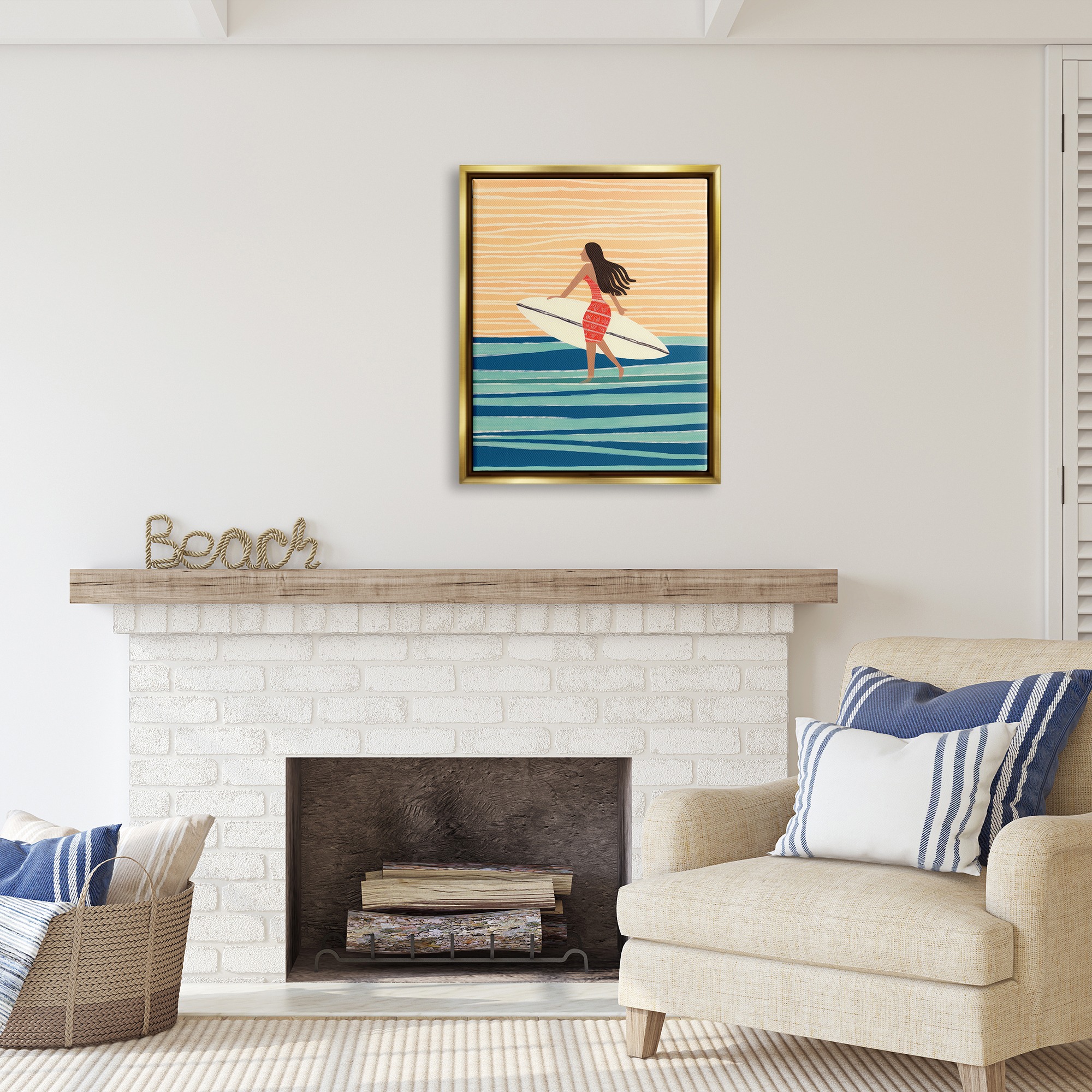 Stupell Industries Abstract Surfer Girl Abstract Painting Gold Floater Framed Canvas Art Print Wall Art, 25 x 31