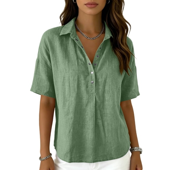 Nestiefly Women’s Cotton Linen Polo Shirt Casual Short Sleeve Summer Top Thin Short Sleeve Button Down Shirts Blouses Light Green L