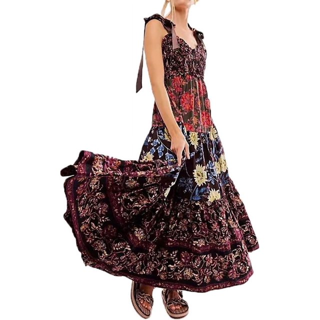 Brewee Women 2024 Summer Floral Print Boho Dress Spaghetti Straps Ruffle A Line Beach Long Maxi Dress