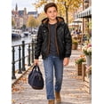 thumbnail image 4 of Heting Boys Faux Leather Motorcycle Jacket with Removable Hood Warm Fleece Lining Windproof PU Bomber Coat for Fall Winter Black 10-12, 4 of 9