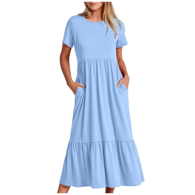 Meichang Robes d'Été pour Femmes avec Poches Manches Courtes Col Rond Robes à Volants Robe Longue Maxi pour Vacances à la Plage