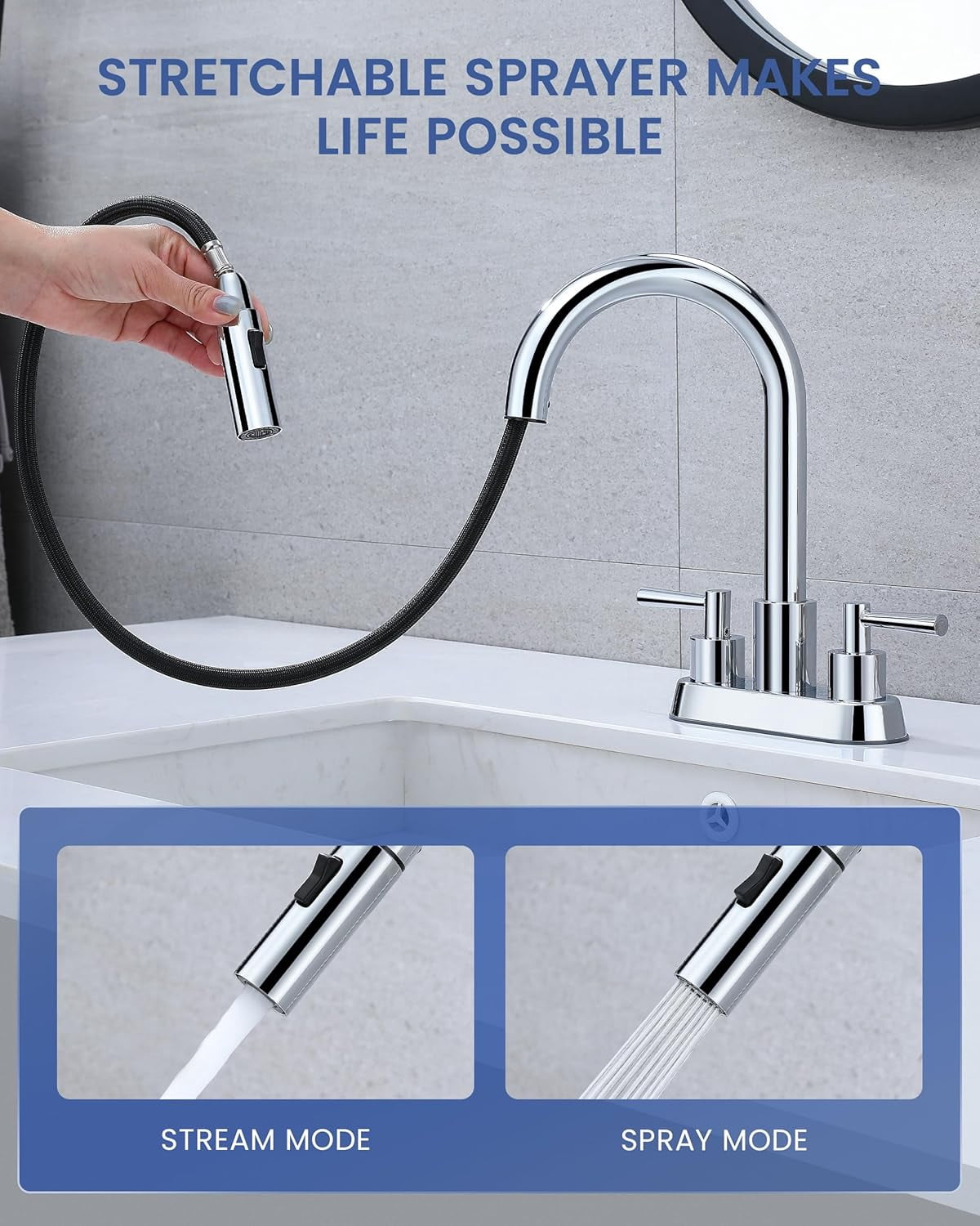Bathroom Faucet with Pull Out Sprayer, Chrome Bathroom Faucet 3 Holes, 2 Handle Bathroom Sink Faucet with 360 Degree Swivel Spout, Pop Up Drain Assembly Included