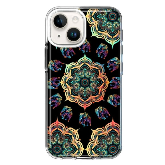 MUNDAZE Case for Apple iPhone 15 Plus Hybrid Shockproof Slim Hard Soft TPU Shell Heavy Duty Protective Phone Cover - Mandala Geometry Abstract Elephant Pattern