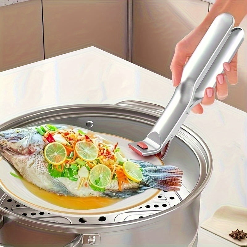 Stainless Steel Anti-Scald Bowl Clip Silicone Non-Slip Hot Dish Plate Gripper Tongs Kitchen Pot Pan Clamp Microwave Oven Lifter 1Pcs-Silver