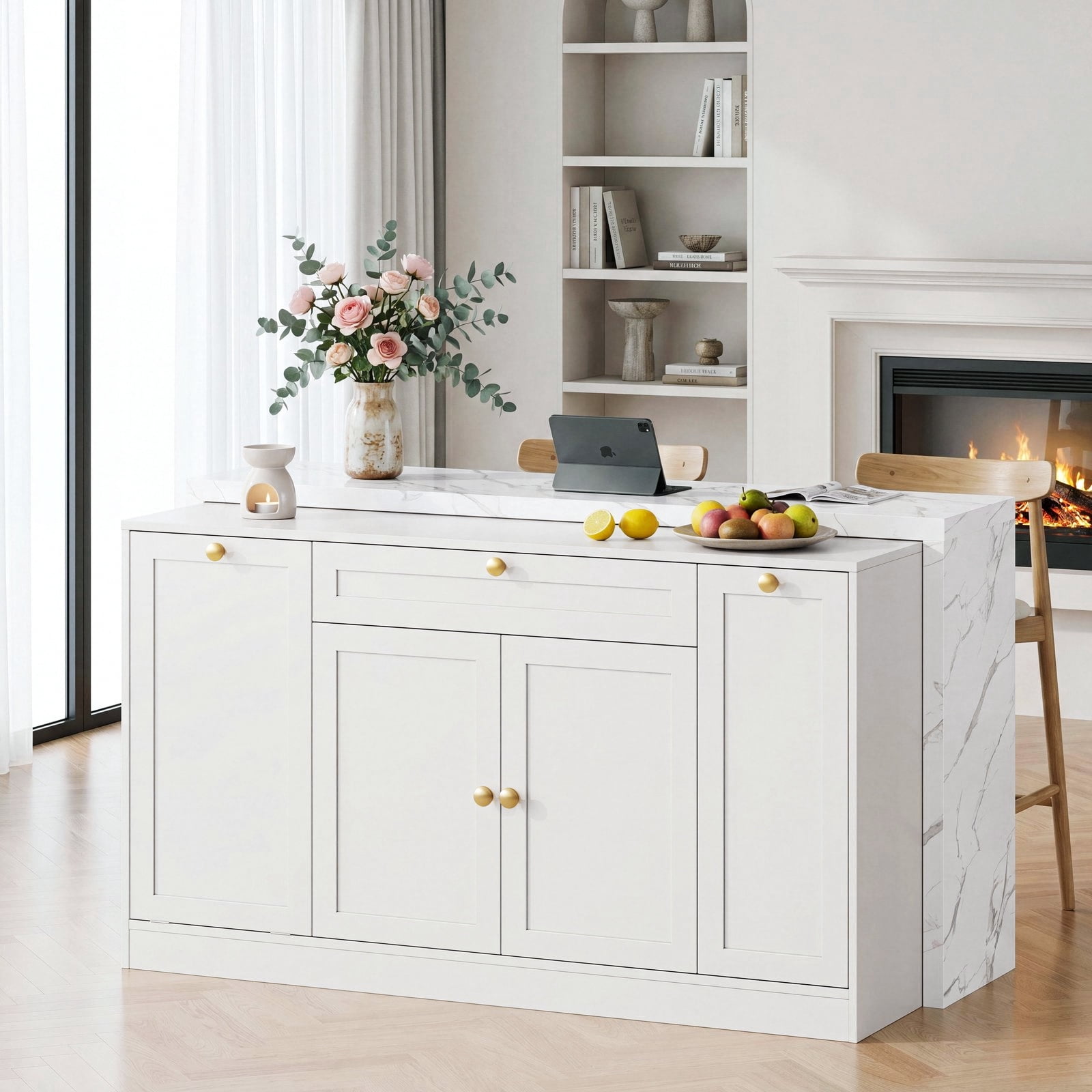 ROGALIS 63"Kitchen Island with Storage, Marble Countertop, Built-in Power Outlet, USB Charging & Trash Cabinet, Multi-Use Island Table for Kitchen Dining Room Living Room,White
