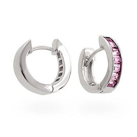 Kate Bissett E01476R-C12 Genuine Rhodium Plated Channel Set Row of Emerald Cut Pink Ice CZ Small Hoop Earrings in