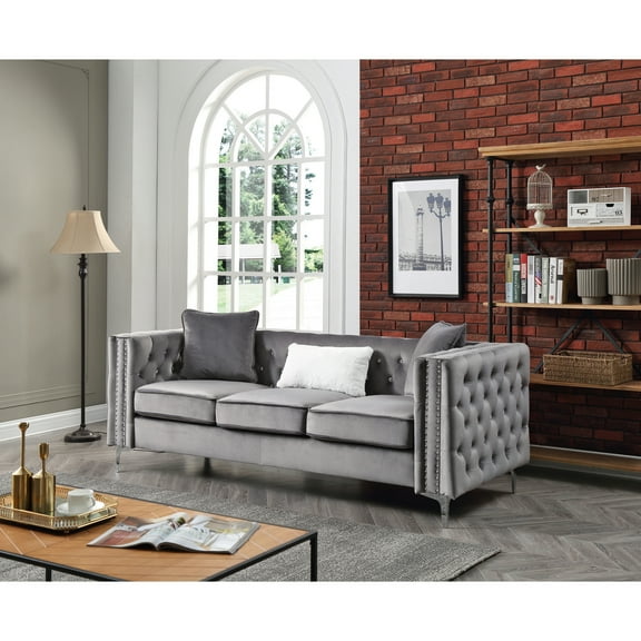 Neo-Classical Velvet Sofa with Chrome Legs - Tufted Design, Throw Pillows Included, 86 Inch