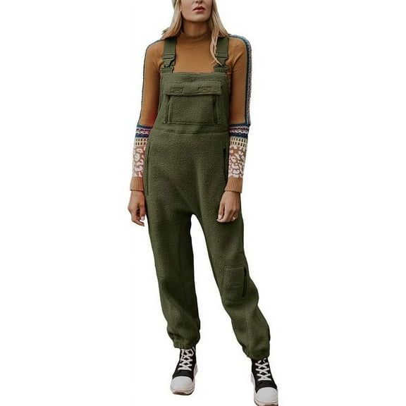 utcoco Womens Winter Fuzzy Fleece Overall Jumpsuits Casual Loose Fit Bib Overalls