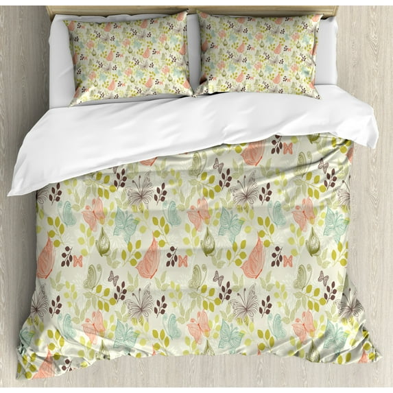 Butterfly Duvet Cover Set Queen Size, Vintage Inspirations in Soft Colored Floral Arrangement with Sketch Style Animals, Decorative 3 Piece Bedding Set with 2 Pillow Shams, Multicolor, by Ambesonne