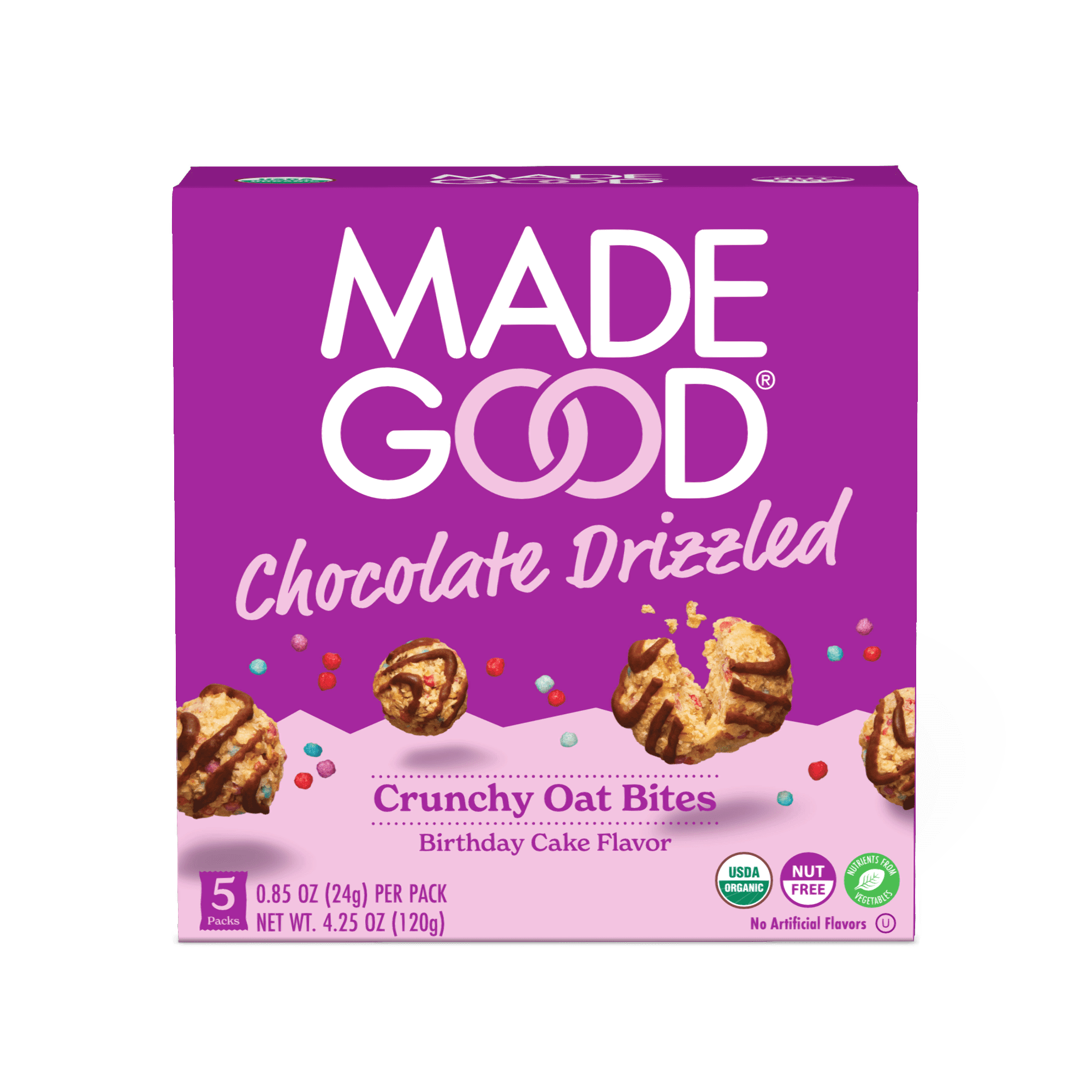 (4 pack) MadeGood Chocolate Drizzled Birthday Cake Oat Bites, 0.85 oz, 5 Count