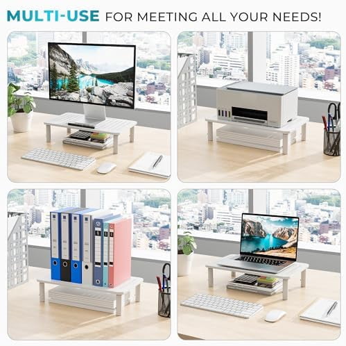 Monitor Stand 2 Pack Height Adjustable Metal Riser with Pen Holder, White, 14.5” x 9.1”, Ergonomic Desktop Stand for Computer, Printer, Laptop, Adjustable Desk Riser with Cable Management