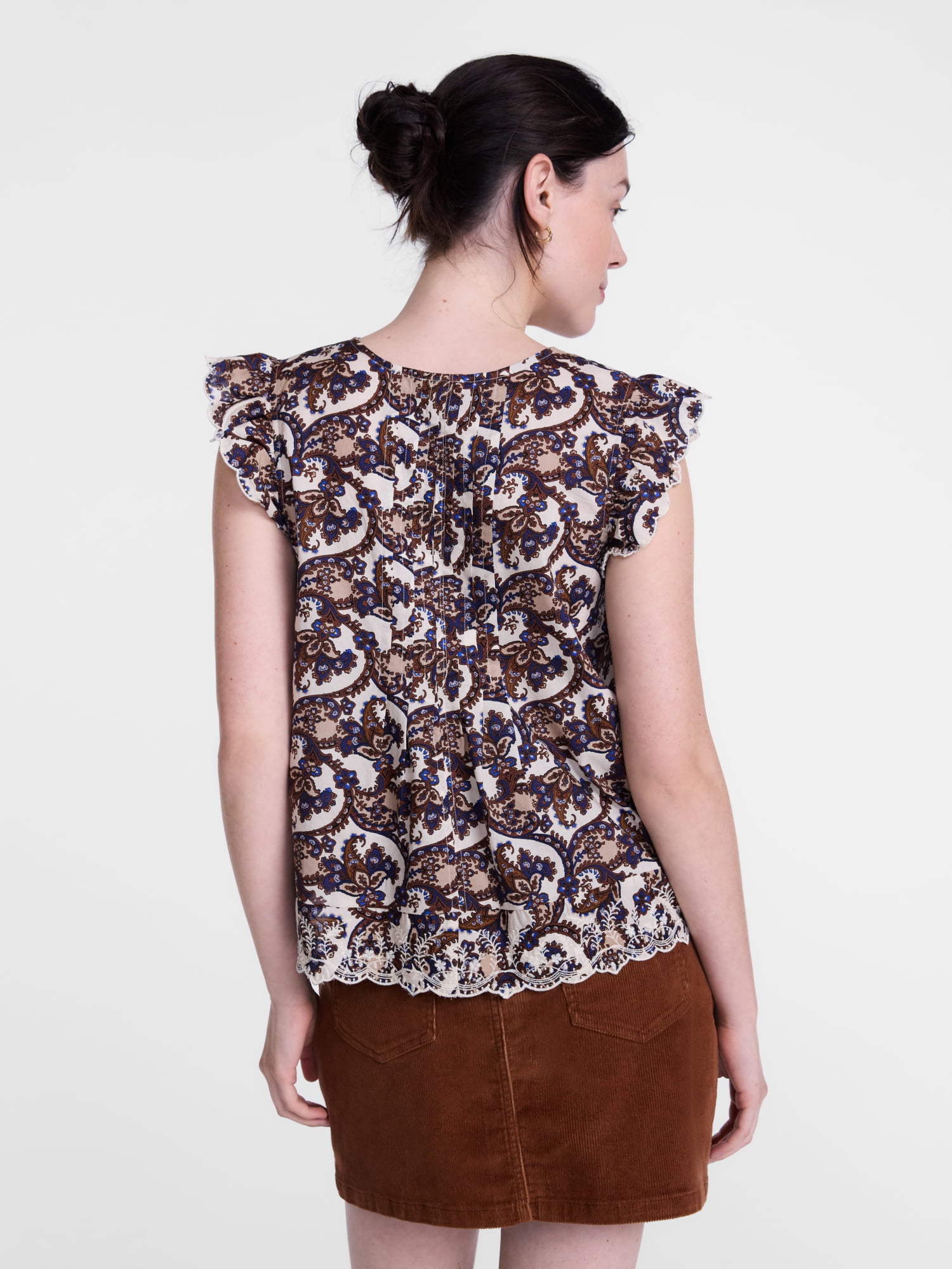 Scenario Women's and Women's Plus Short Sleeve Pleated Embroidered Printed Top, Sizes XS-4X