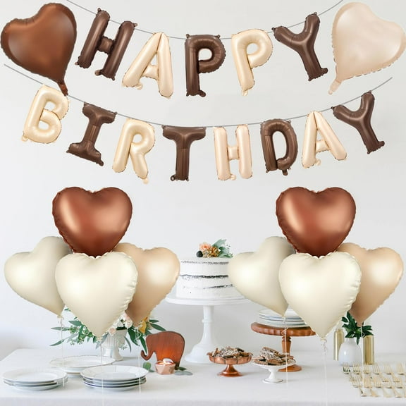 Happy Birthday Banner Decorations with 9pcs KKS1 18inch Cream White Beige Brown Caramel Apricot Foil Heart Balloons for Birthday Baby Shower Party Supply