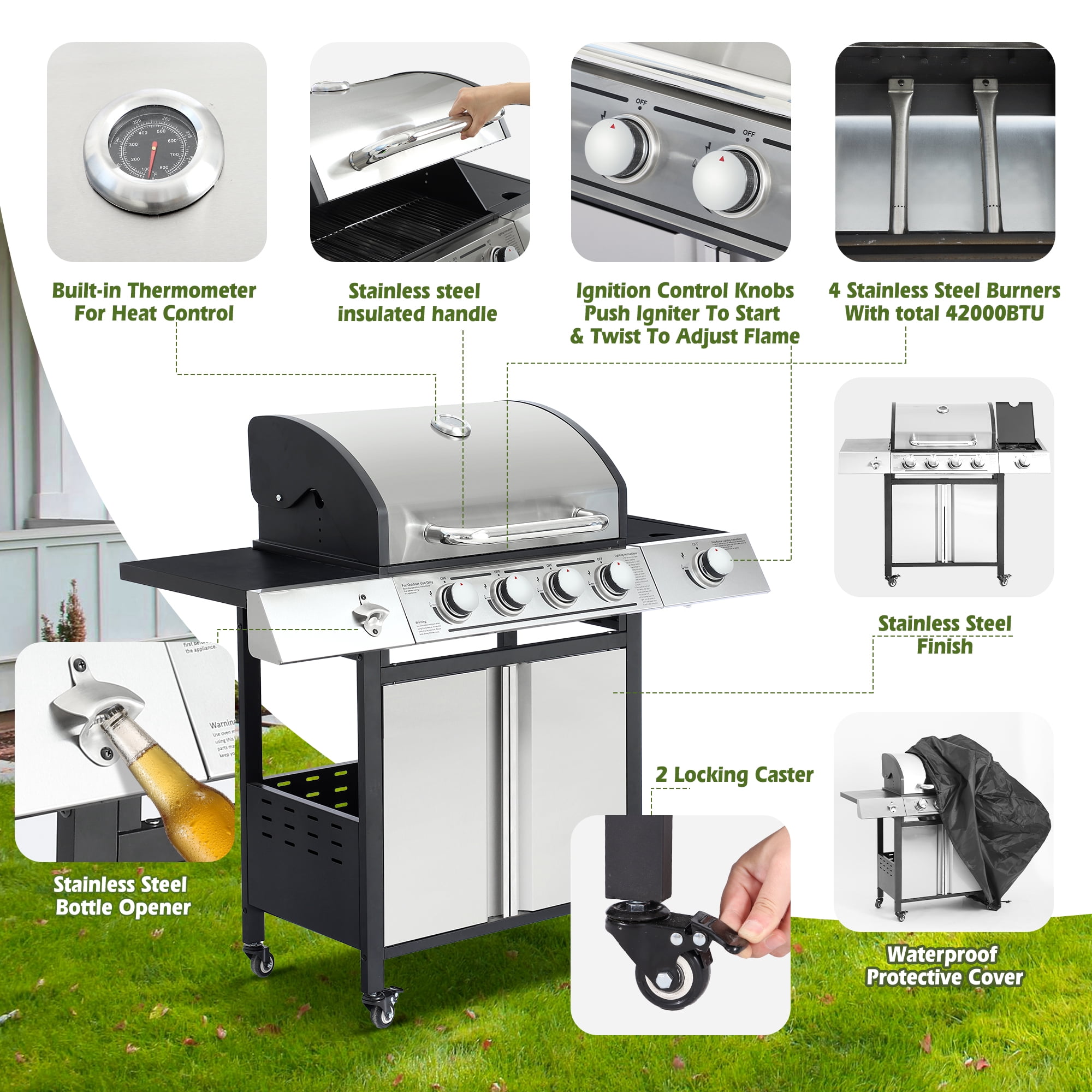 MAGIC UNION 4-Burner Propane Gas BBQ Grill High-Strength Stainless Steel with Side Burner, Portable 50,000 BTU Barbecue Grills with 4 Wheels and 449 SQ.IN. Cooking Area for Outdoor Cooking and Backyar