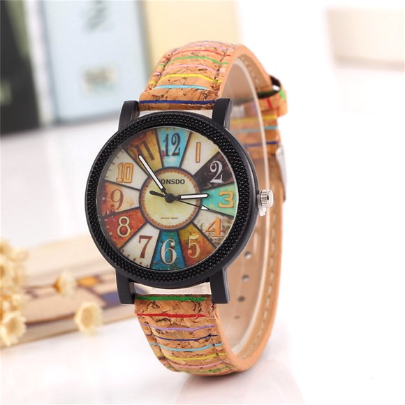 Dvkptbk Wrist Watch Vintage Quartz Watches for Women with Multicolour Pattern Leather Watchband Casual Bracelet Watch Wonderful Gift Watches