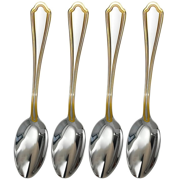 4 Pcs of 304 Stainless Steel Luxury European Cutlery Set, Gold-Trimmed Serving Spoons, 304 Stainless Steel Flatware, Ideal for Fine Dining