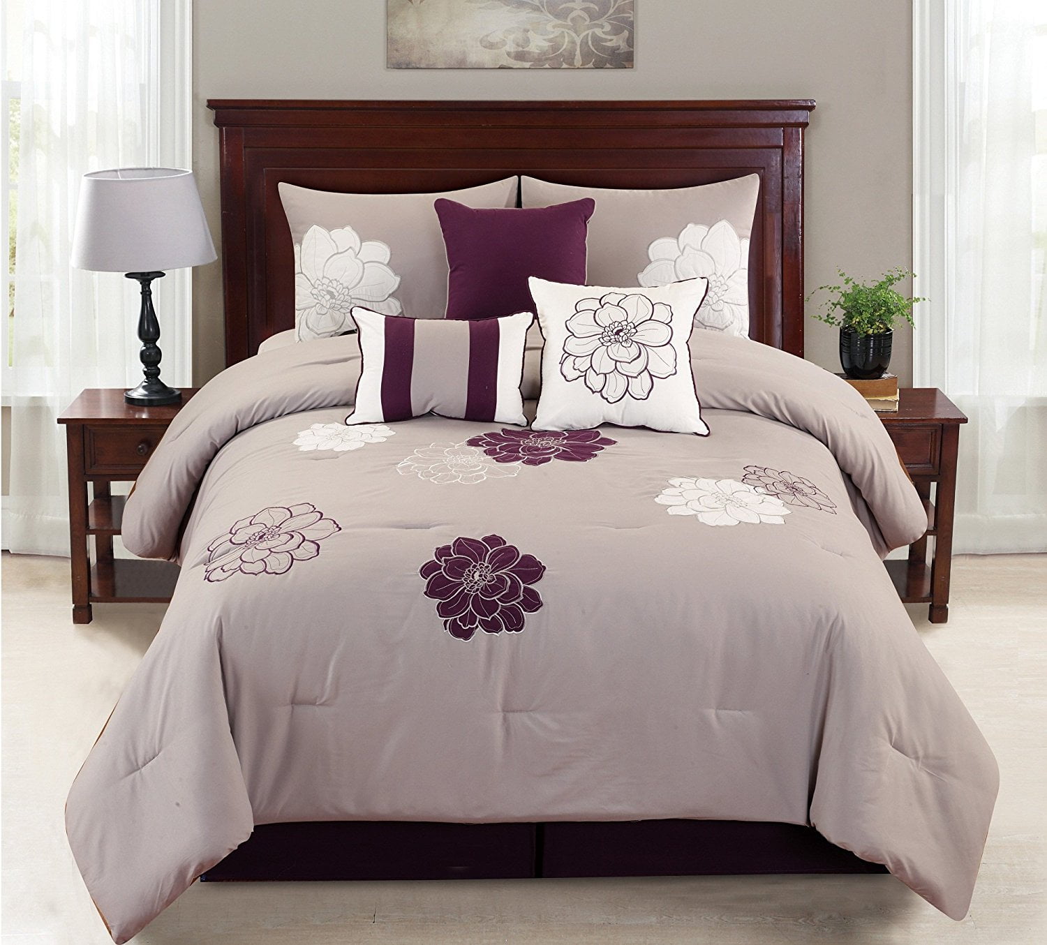 Empire Home Province 7 Piece Purple & Gray Oversized Embroidered ...