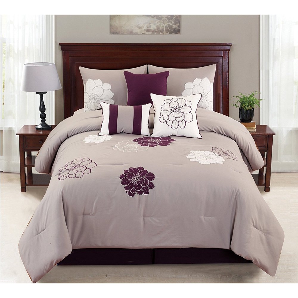 Empire Home Province 7 Piece Purple & Gray Oversized Embroidered Comforter Set (King Size