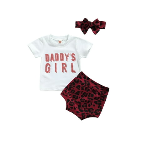 

Bebiullo Baby Clothes Set Letter Print T-shirt Leopard Print Shorts Bowknot Headband