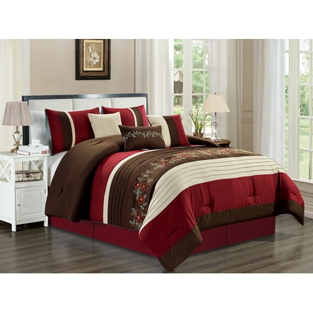 Cindy Crawford Bedding - 7-Pc Crawford Floral Blossom Vine Embroidery Pleated Comforter Set Burgundy Red Beige Brown Queen