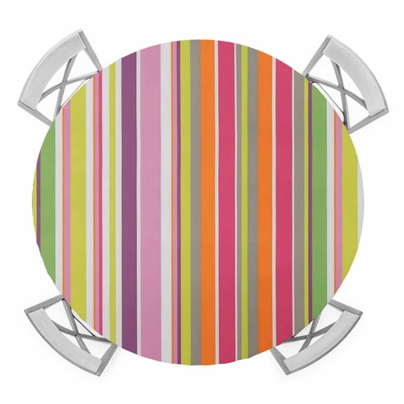 Colorful Striped Round Tablecloth for 55-60 Inch Tables, Fitted Table Cover with Elastic Edge, Farmhouse Modern Stripes Art Waterproof Outdoor Table Cloth Protector for Patio Garden Dinner Picnic