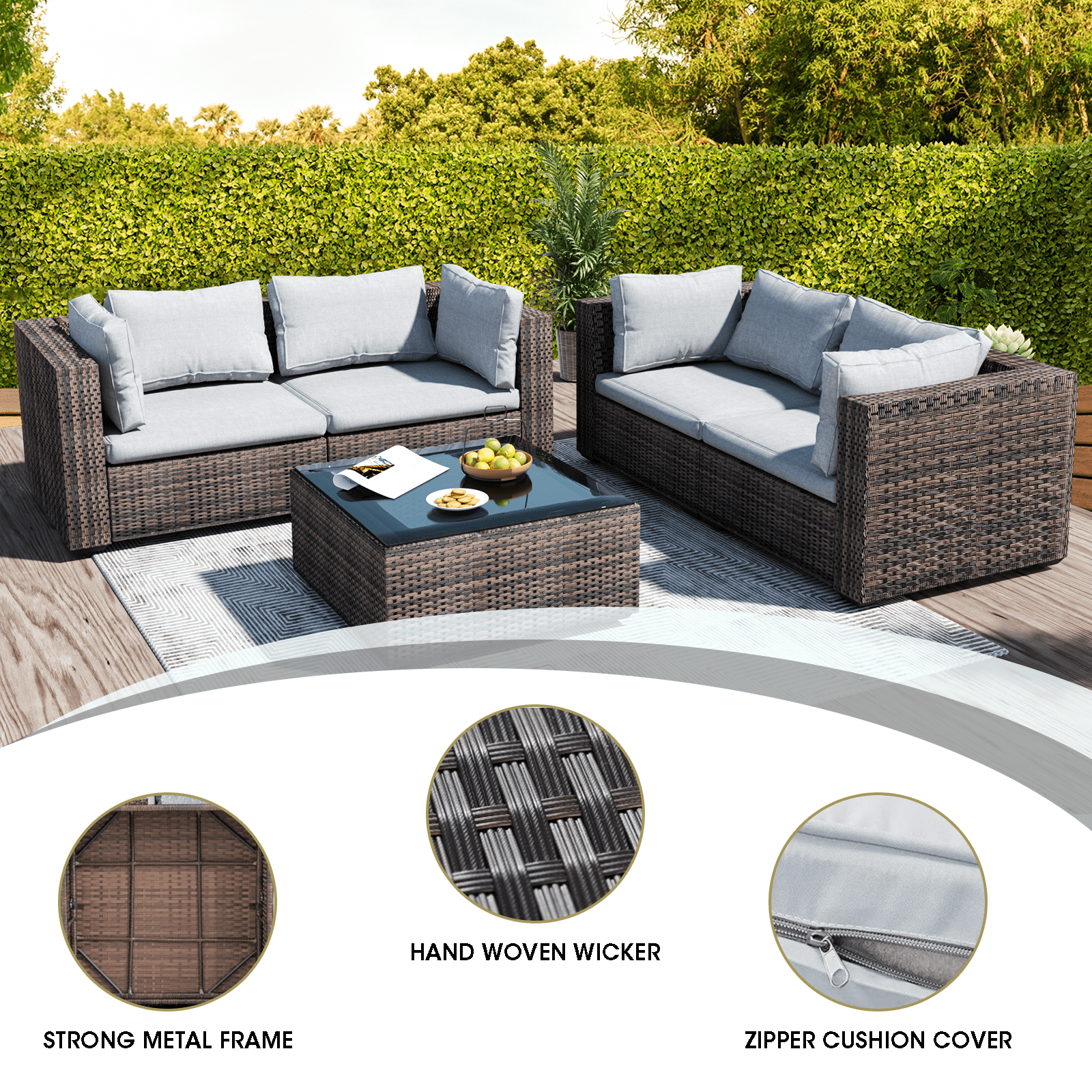 TANGJEAMER 5 Piece Patio Furniture Set, All Weather Outdoor Sectional PE Rattan, Patio Conversation Sets with Cushions and Glass Coffee Table for Garden Lawn Balcony Porch Deck, Grey