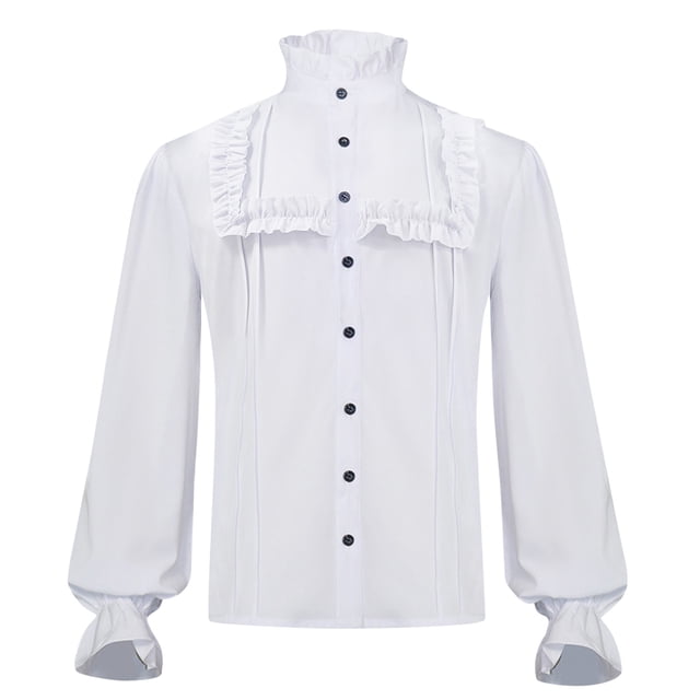 Playeras Camisa gótica de encaje vintage para hombre Dobladillo con cuello levantado Blusa de manga larga con pliegues (White, XXL)