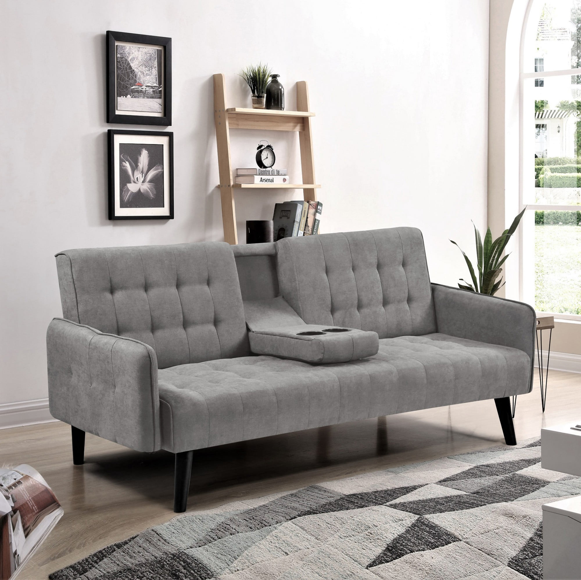 BSHTI 72" Linen Sleeper Sofa Bed with Folding Backrest,Adjustable Back, Drop-Down Table with Cup Holder for Living Room（Light Gray）