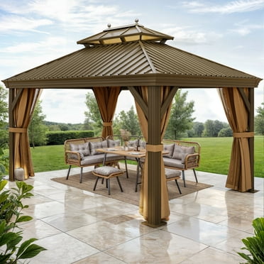 ModFusion 12' x 14' Bronze Heavy Duty Galvanized Steel with Double Roof Hardtop Gazebo with Netting and Curtains