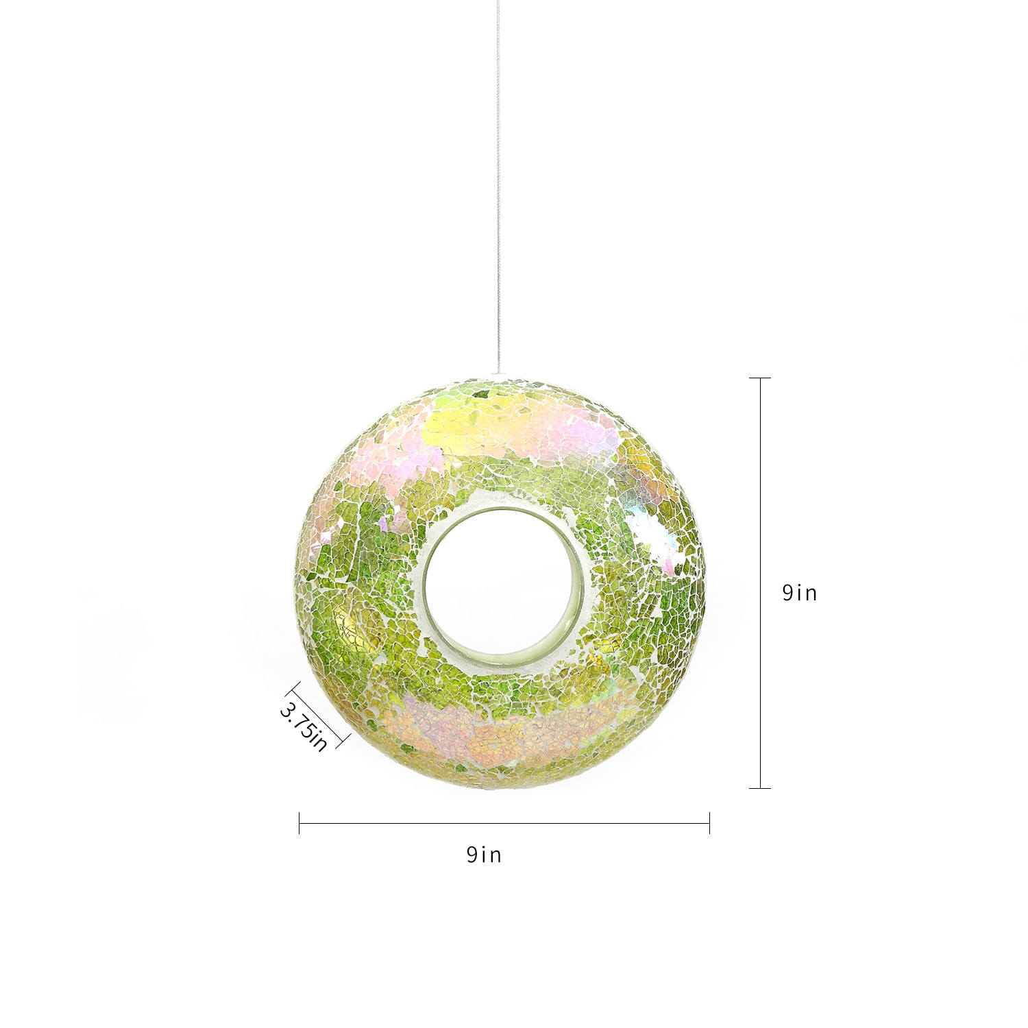 Topadorn Iridescent Mosaic Glass Hanging Bird Feeder, 9 Inch Fly-Through Design for Cardinals, Finches & Wild Birds, Green & Pink Tones, Garden Yard Decoration