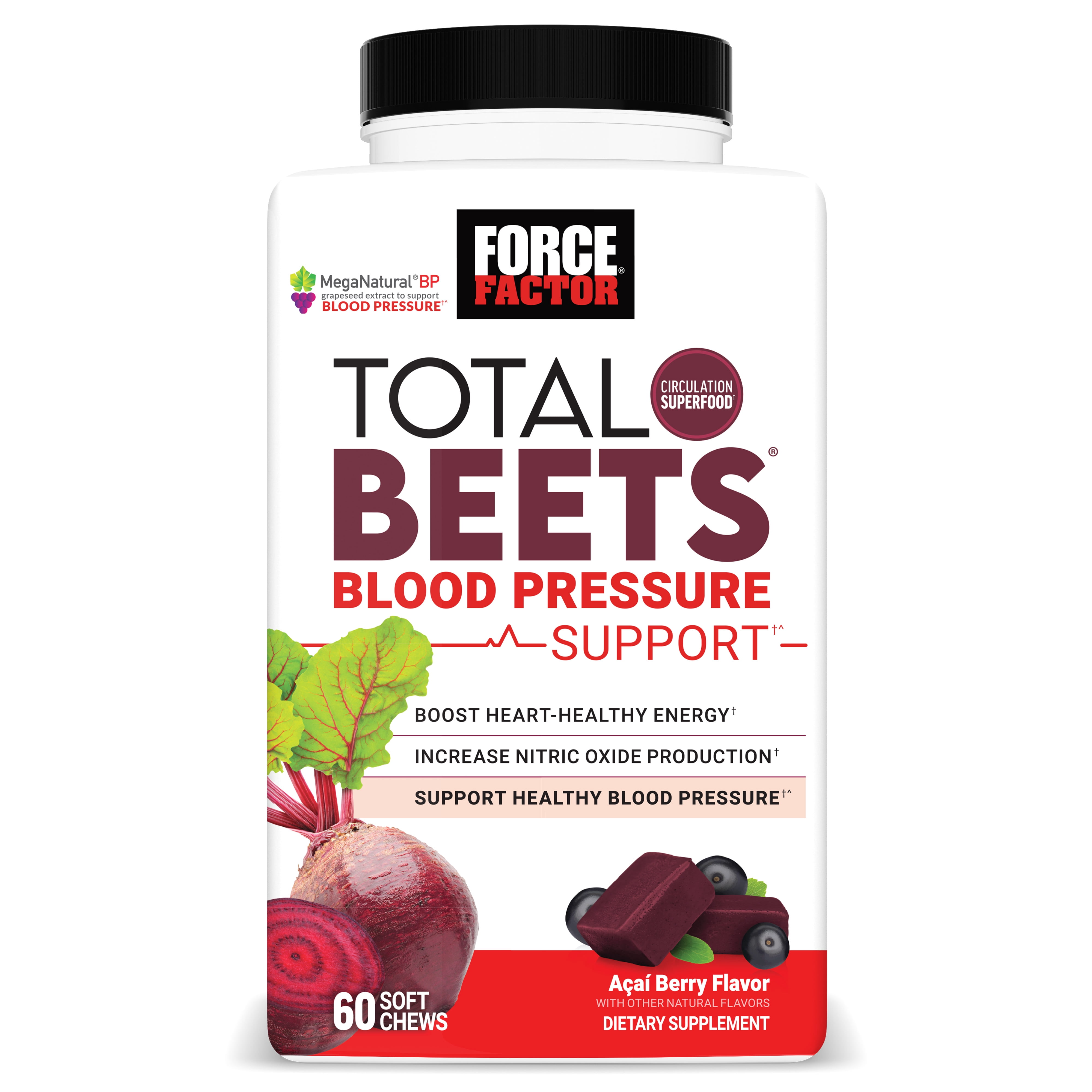 Force Factor Total Beets Blood Pressure Support, Beet Root Supplement for Nitric Oxide, Circulation, Heart Health & Energy, Acai Berry, 60 Soft Chews