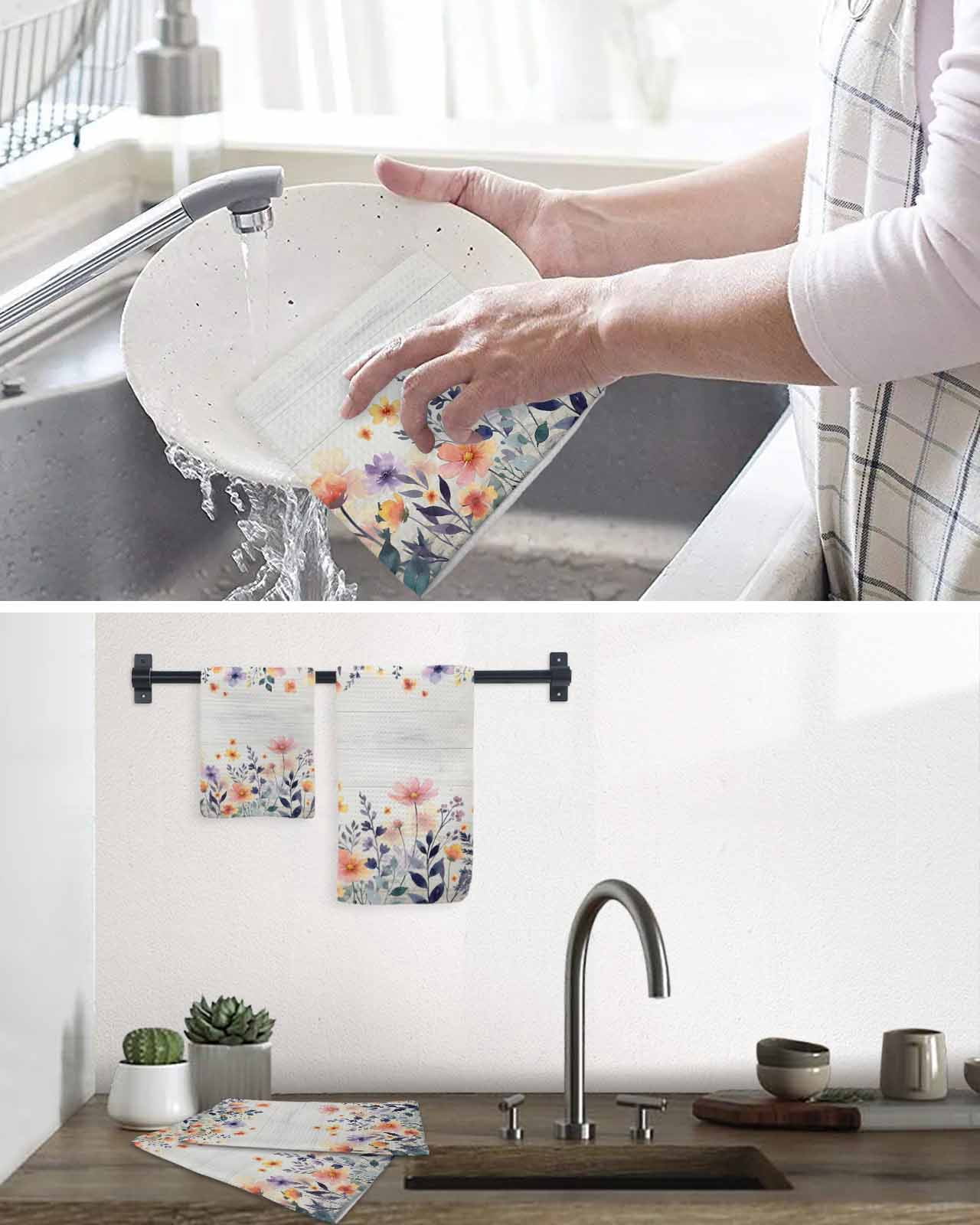 Pink Spring Floral Kitchen Dish Towels for Drying Dishes Set of 4, Elegant Flowers Farmhouse Botanical Wooden Waffle Weave Microfiber Hand Tea Bathroom Towels Quick Dry & Absorbent Towel 15.7x23.6