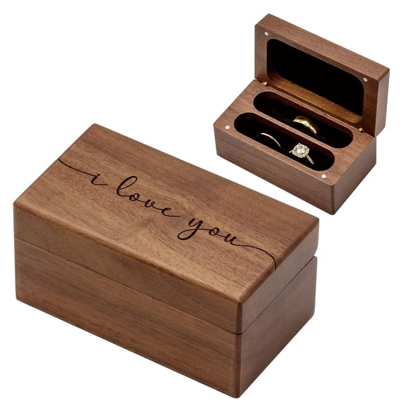 MUUJEE Quad Wooden Ring Box for Wedding Ceremony - Engraved Ring Holder Box for Engagement Proposal Anniversary and Valentines Day Gift for Him or Her (I Love You)