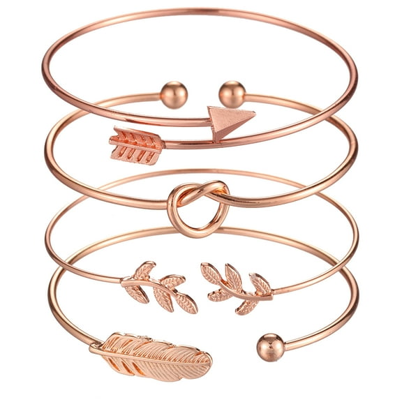Starain 4Pcs Rose Gold Bracelets for Women Girl Simple Leaf Arrow Feather Knot Heart Bangle Bracelet Adjustable Cuff Bracelet Set