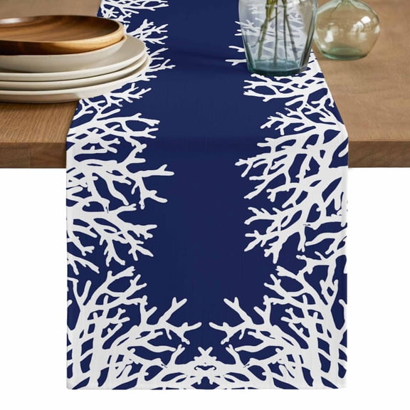 Coastal Coral Table Runner, Navy Blue Ocean Marine Nautical Beach Washable Cotton Linen Table Runners 60 Inches Long, Dresser Scarf Runner for Coffee/TV Stands/Kitchen/Cabinets 13''x60''