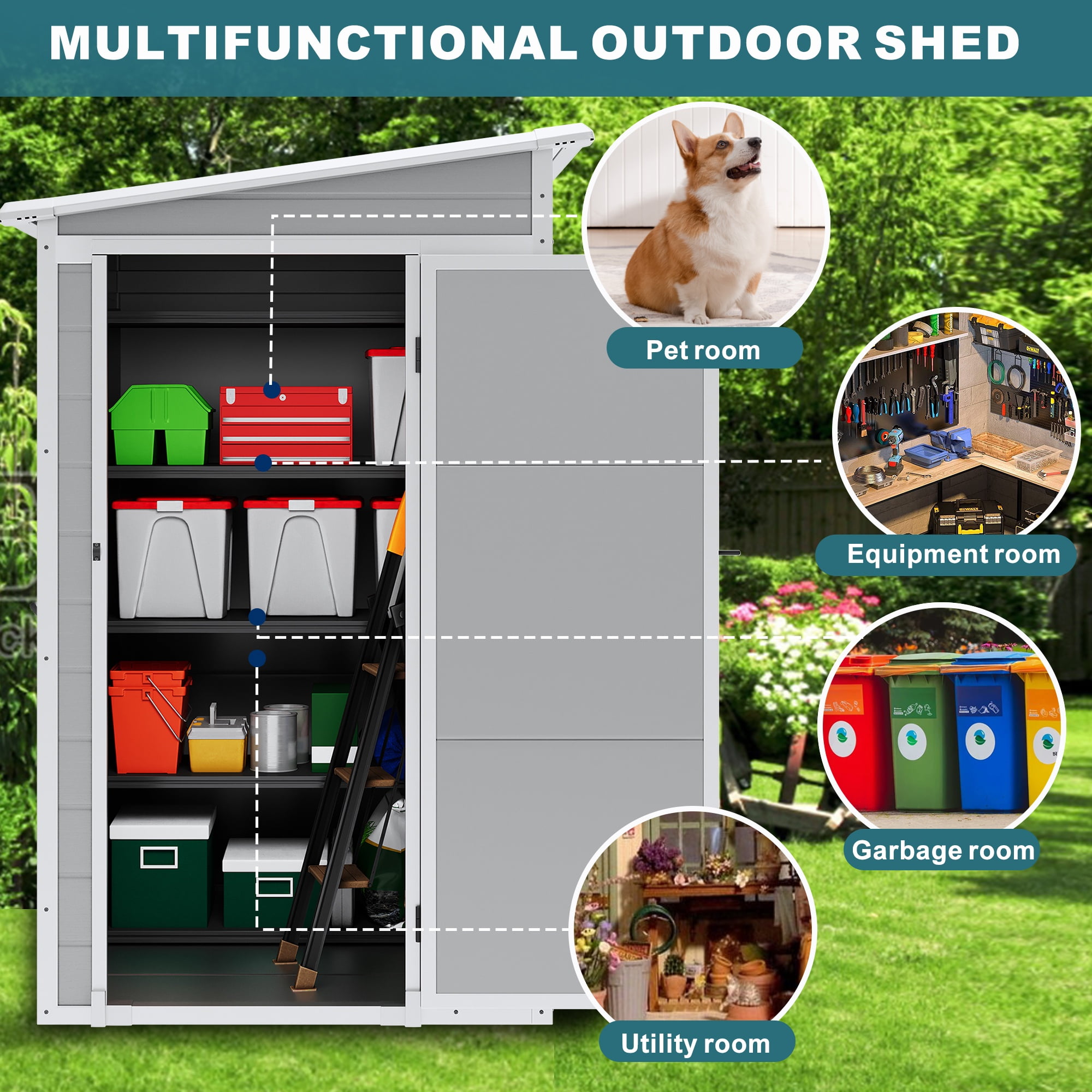 Seizeen Plastic Lean-to Shed with Floor, 5 x 4FT Sloped Top Outdoor Storage Shed, Quick Assembly Resin Shed with Window, All-Weather Garden Tool Shed Lockable
