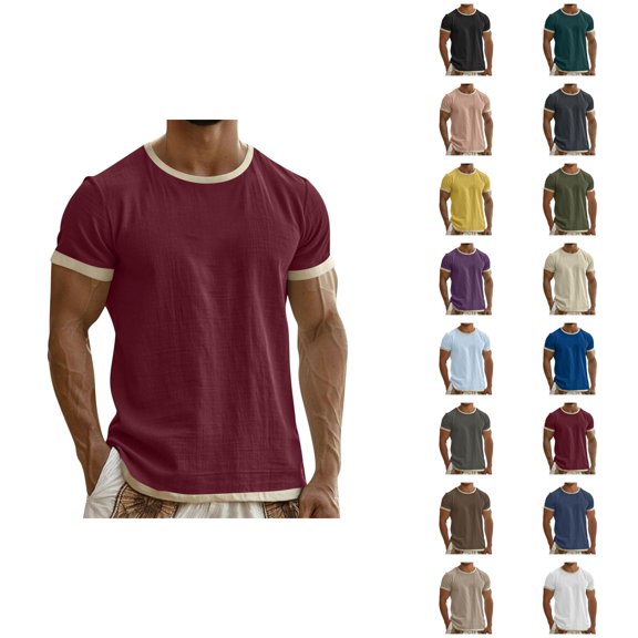 Linen Shirts for Men Color Block Summer Short Sleeve Crewneck Casual Beach Shirt Lightweight T-Shirts